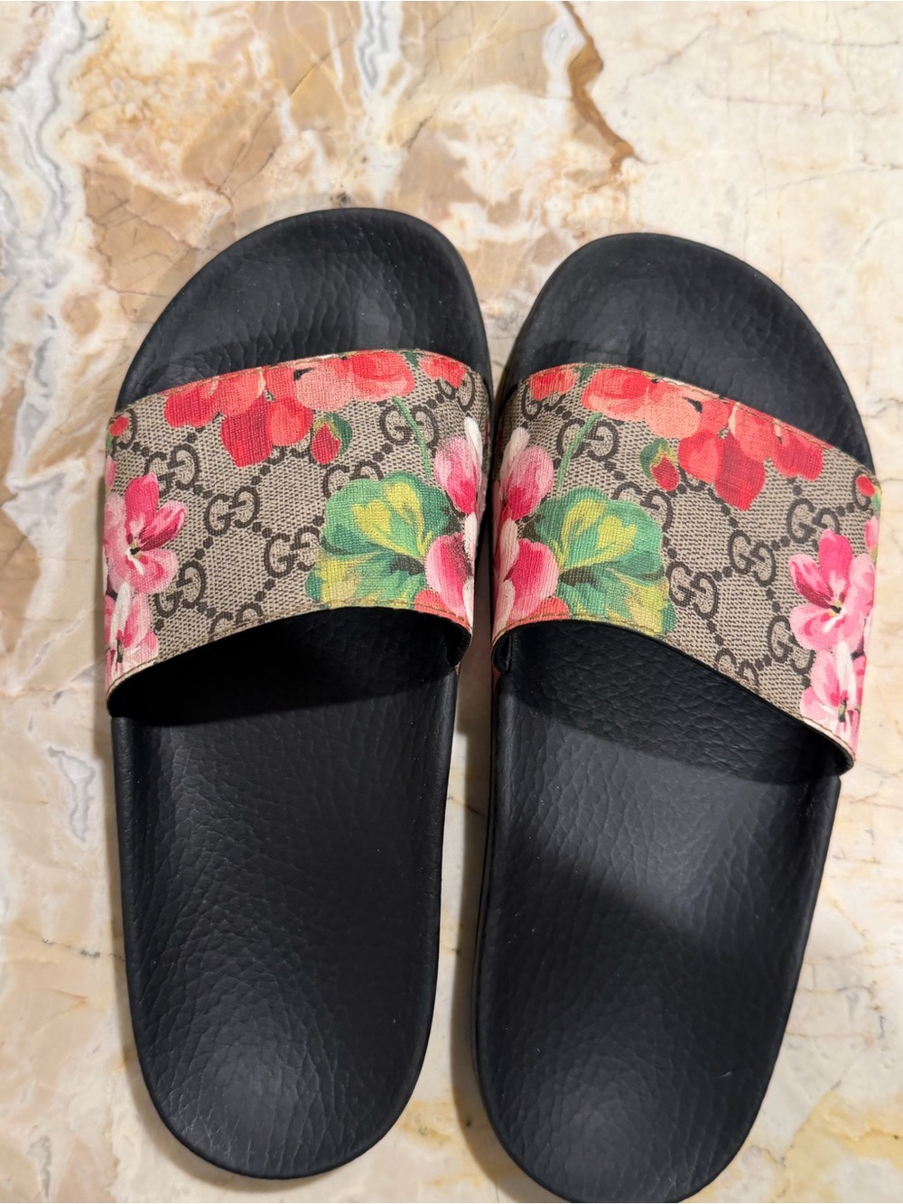 Gucci Floral GG Slide Sandals - Black Footbed with Pink & Green Flowers - Picture 2 of 4